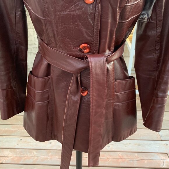Vintage 70s Sears Burgundy Leather Quilt Lined Belted Blazer Jacket Trench Coat - Picture 4 of 16